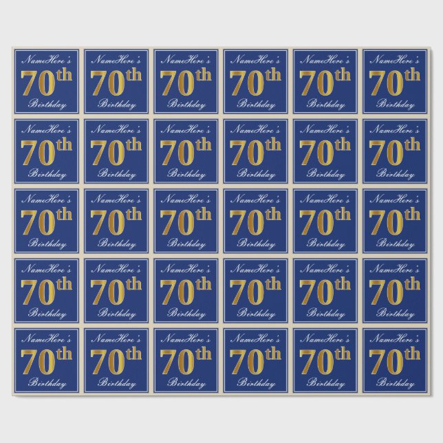 Elegant, Blue, Faux Gold 70th Birthday + Name Wrapping Paper (Flat)