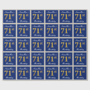 Elegant, Blue, Faux Gold 71st Birthday + Name Wrapping Paper