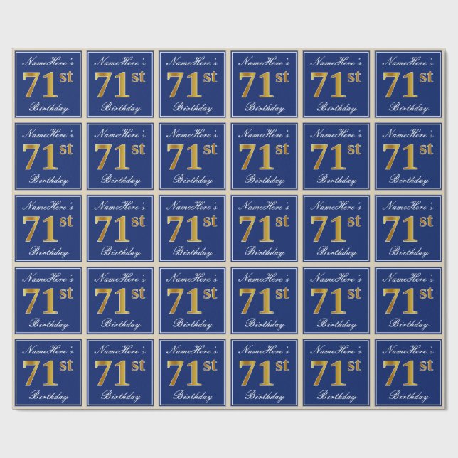 Elegant, Blue, Faux Gold 71st Birthday + Name Wrapping Paper (Flat)
