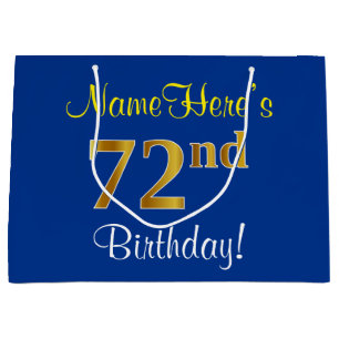 Elegant, Blue, Faux Gold 72nd Birthday + Name Large Gift Bag
