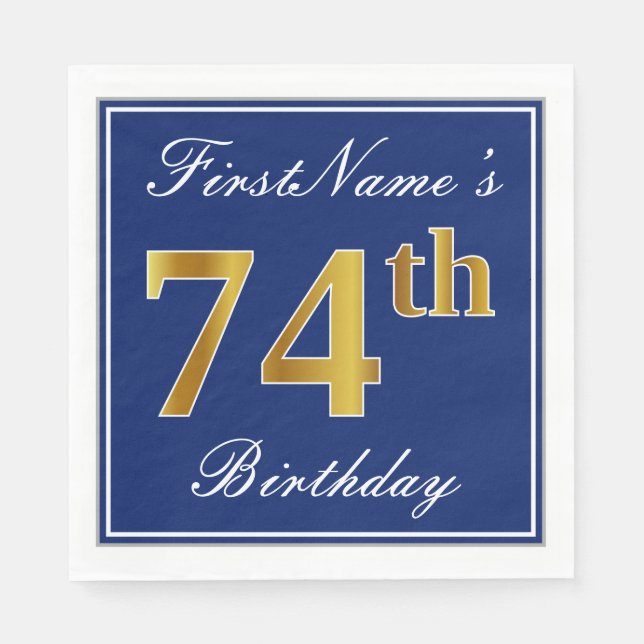 Elegant Blue, Faux Gold 74th Birthday; Custom Name Napkin (Front)