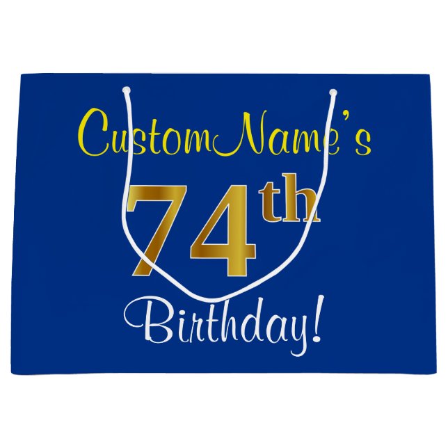 Elegant, Blue, Faux Gold 74th Birthday + Name Large Gift Bag (Front)