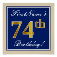 Elegant, Blue, Faux Gold 74th Birthday + Name