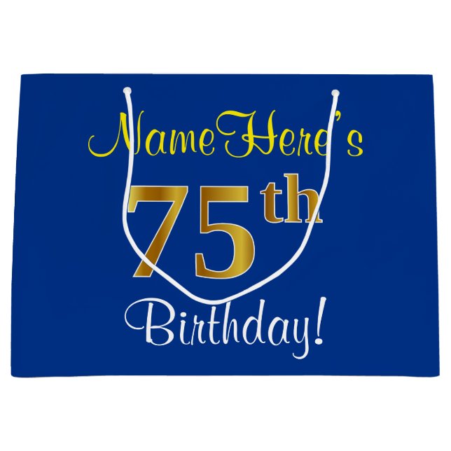 Elegant, Blue, Faux Gold 75th Birthday + Name Large Gift Bag (Front)