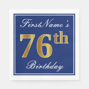 Elegant Blue, Faux Gold 76th Birthday; Custom Name Napkin