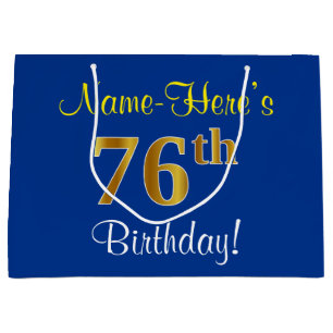 Elegant, Blue, Faux Gold 76th Birthday + Name Large Gift Bag