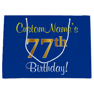 Elegant, Blue, Faux Gold 77th Birthday + Name Large Gift Bag