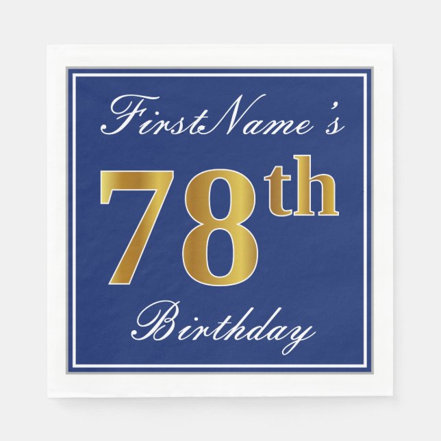 Elegant Blue, Faux Gold 78th Birthday; Custom Name Napkin (Front)