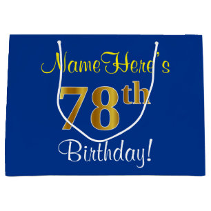 Elegant, Blue, Faux Gold 78th Birthday + Name Large Gift Bag