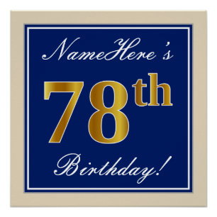 Elegant, Blue, Faux Gold 78th Birthday + Name Poster