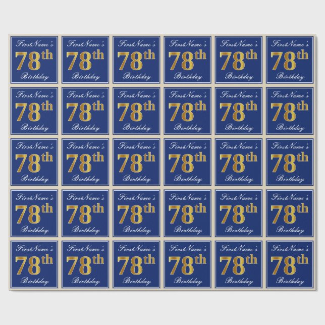 Elegant, Blue, Faux Gold 78th Birthday + Name Wrapping Paper (Flat)