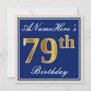Elegant, Blue, Faux Gold 79th Birthday + Name Invitation