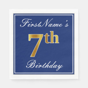 Elegant Blue, Faux Gold 7th Birthday + Custom Name Napkin