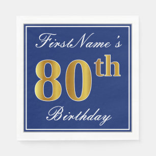 Elegant Blue, Faux Gold 80th Birthday; Custom Name Napkin