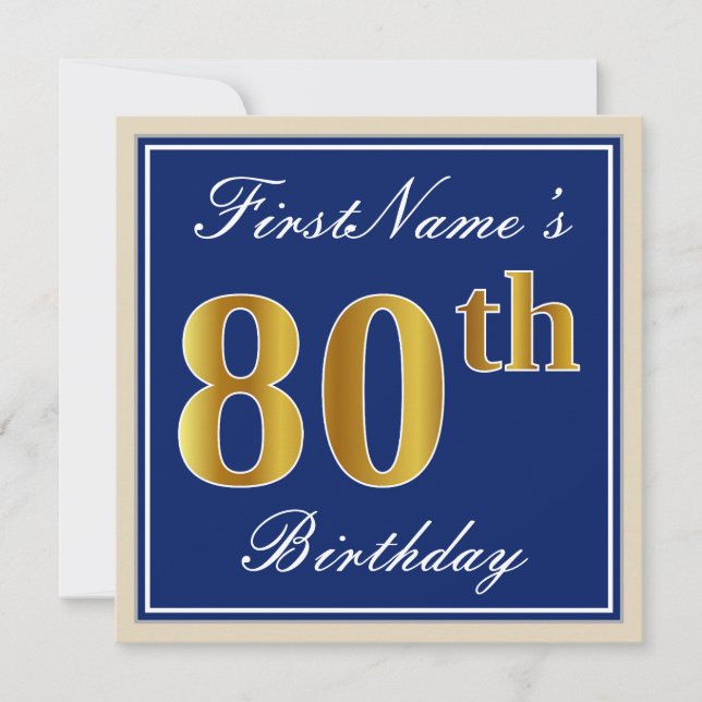Elegant, Blue, Faux Gold 80th Birthday + Name Invitation (Front)