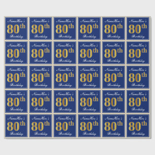 Elegant, Blue, Faux Gold 80th Birthday + Name Wrapping Paper