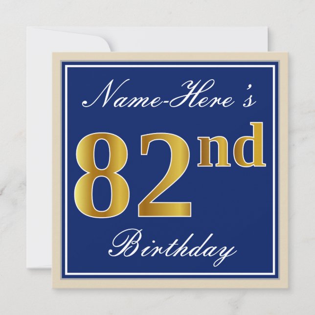 Elegant, Blue, Faux Gold 82nd Birthday + Name Invitation (Front)