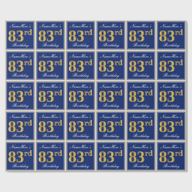 Elegant, Blue, Faux Gold 83rd Birthday + Name Wrapping Paper (Flat)