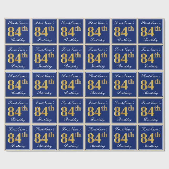 Elegant, Blue, Faux Gold 84th Birthday + Name Wrapping Paper (Flat)