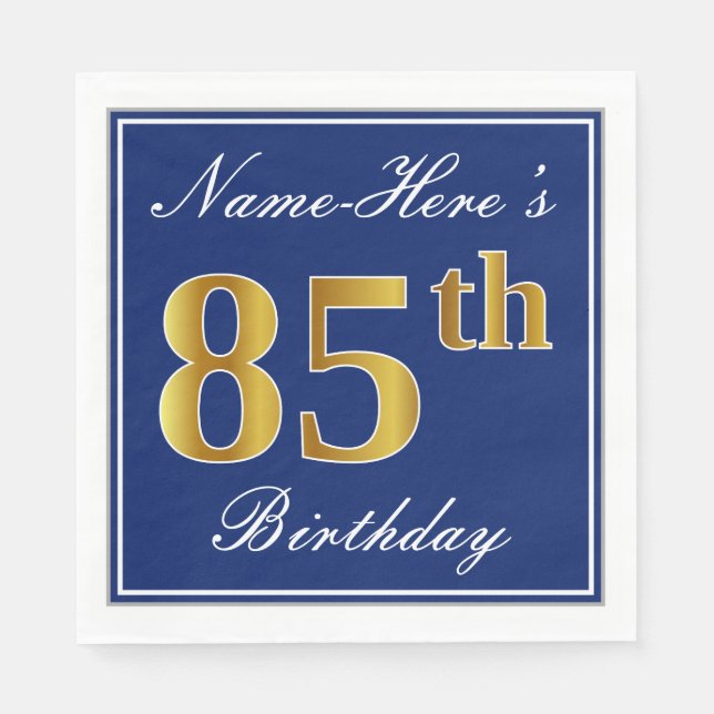 Elegant Blue, Faux Gold 85th Birthday; Custom Name Napkin (Front)