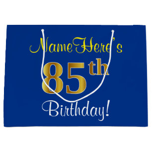 Elegant, Blue, Faux Gold 85th Birthday + Name Large Gift Bag