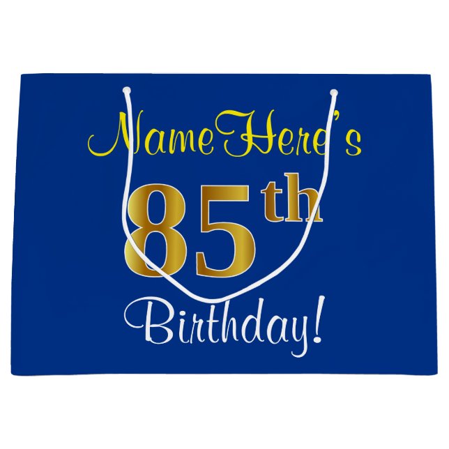 Elegant, Blue, Faux Gold 85th Birthday + Name Large Gift Bag (Front)