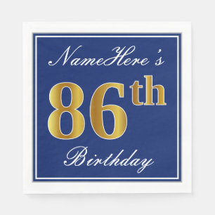 Elegant Blue, Faux Gold 86th Birthday; Custom Name Napkin