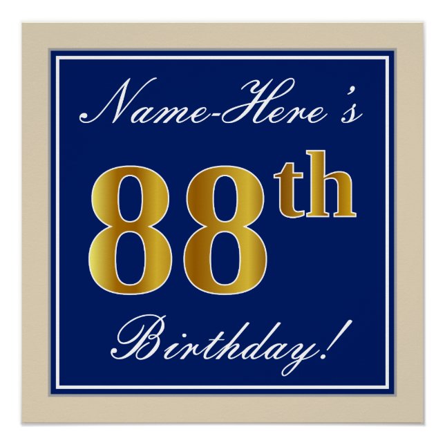 Elegant, Blue, Faux Gold 88th Birthday + Name Poster (Front)
