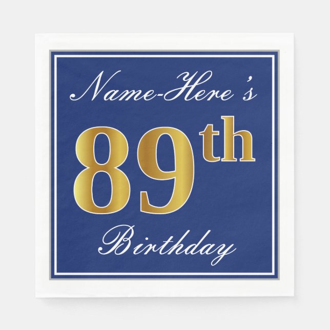 Elegant Blue, Faux Gold 89th Birthday; Custom Name Napkin (Front)