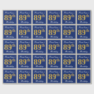 Elegant, Blue, Faux Gold 89th Birthday + Name Wrapping Paper