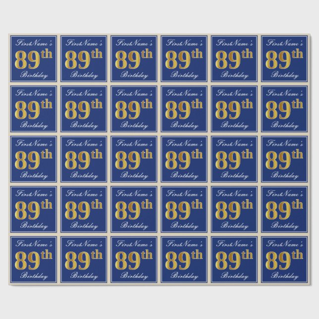 Elegant, Blue, Faux Gold 89th Birthday + Name Wrapping Paper (Flat)