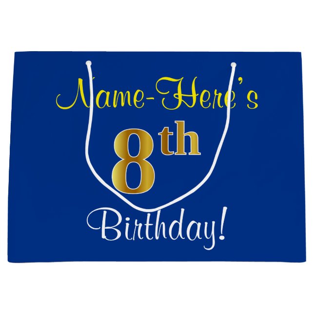 Elegant, Blue, Faux Gold 8th Birthday; Custom Name Large Gift Bag (Front)