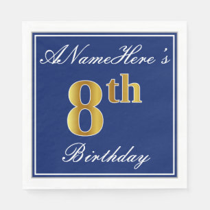Elegant Blue, Faux Gold 8th Birthday + Custom Name Napkin