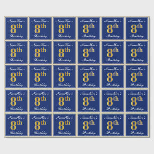 Elegant, Blue, Faux Gold 8th Birthday; Custom Name Wrapping Paper