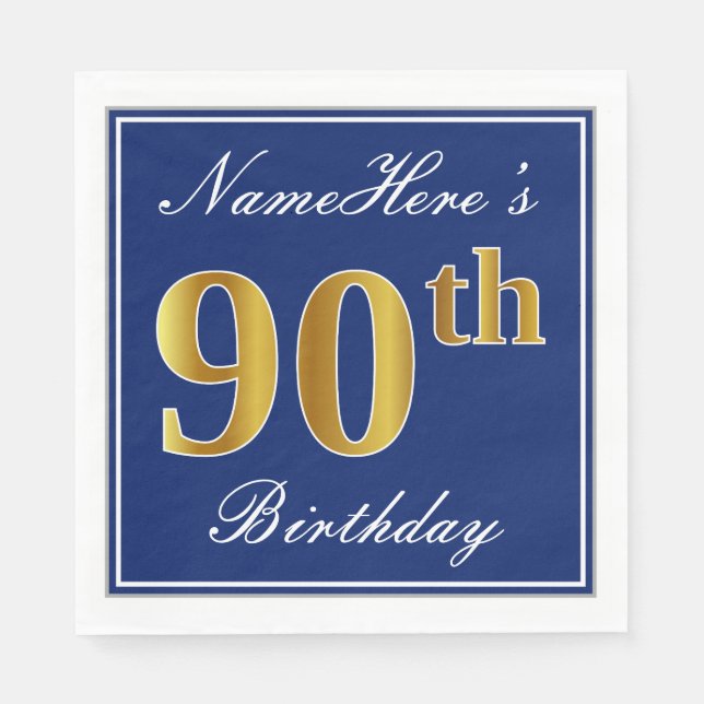 Elegant Blue, Faux Gold 90th Birthday; Custom Name Napkin (Front)