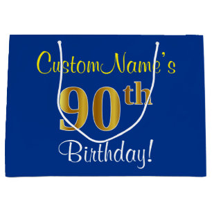 Elegant, Blue, Faux Gold 90th Birthday + Name Large Gift Bag