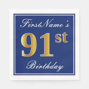 Elegant Blue, Faux Gold 91st Birthday; Custom Name Napkin