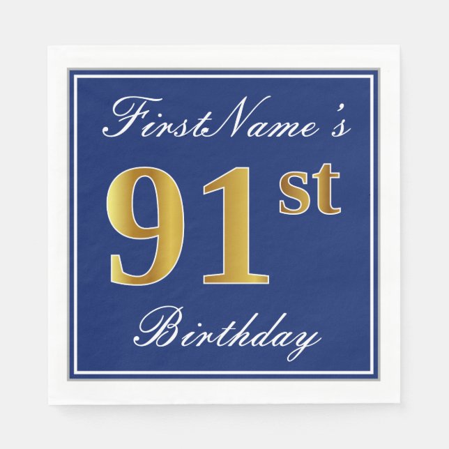 Elegant Blue, Faux Gold 91st Birthday; Custom Name Napkin (Front)