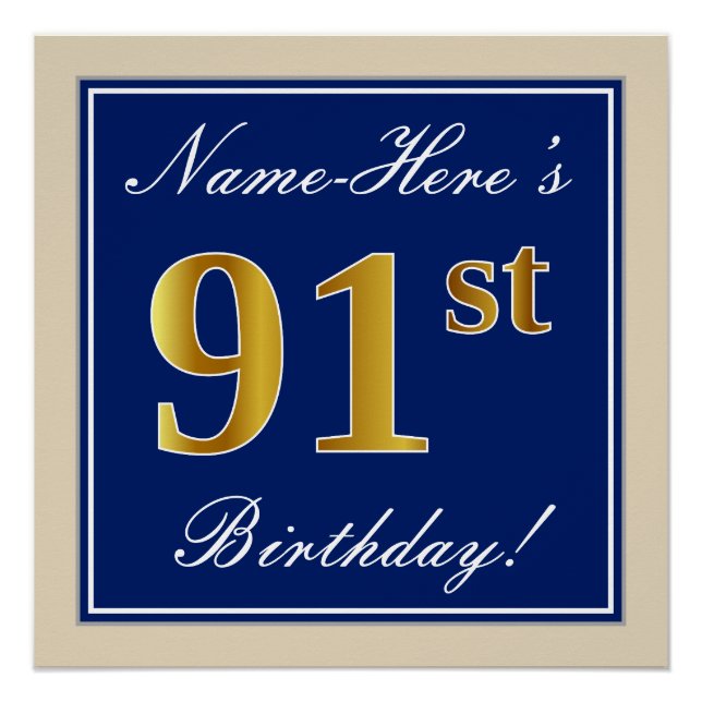 Elegant, Blue, Faux Gold 91st Birthday + Name Poster (Front)