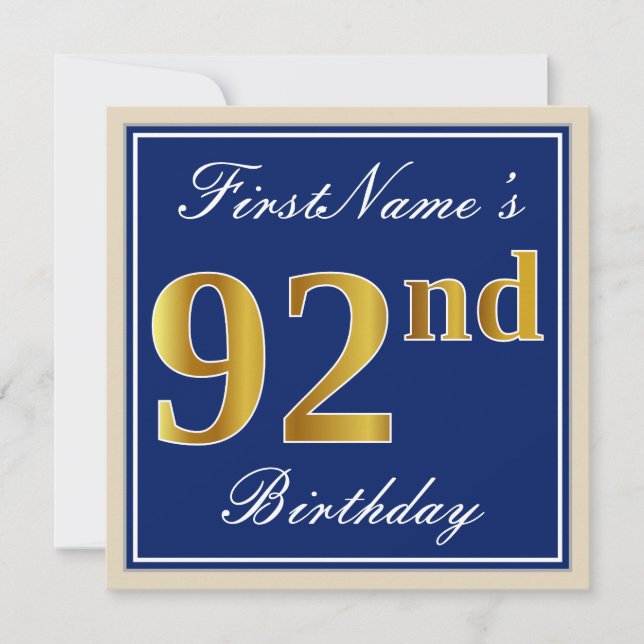 Elegant, Blue, Faux Gold 92nd Birthday + Name Invitation (Front)