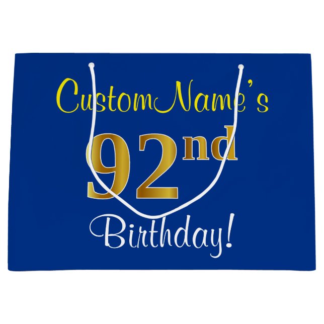 Elegant, Blue, Faux Gold 92nd Birthday + Name Large Gift Bag (Front)