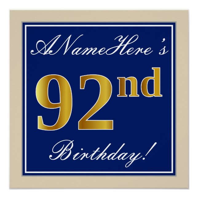 Elegant, Blue, Faux Gold 92nd Birthday + Name Poster (Front)