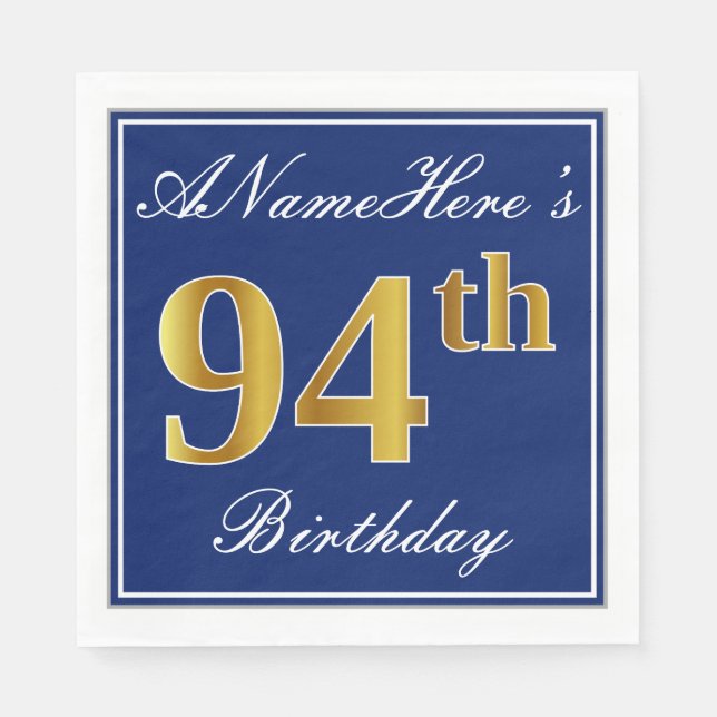 Elegant Blue, Faux Gold 94th Birthday; Custom Name Napkin (Front)