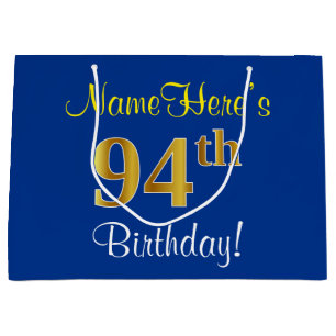 Elegant, Blue, Faux Gold 94th Birthday + Name Large Gift Bag