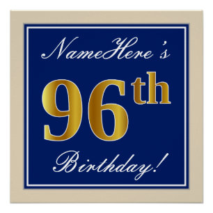 Elegant, Blue, Faux Gold 96th Birthday + Name Poster