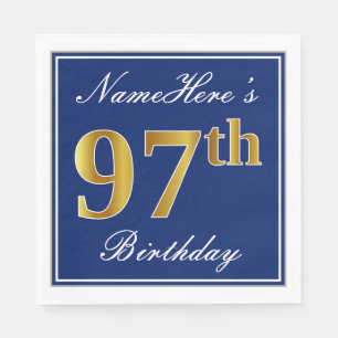 Elegant Blue, Faux Gold 97th Birthday; Custom Name Napkin