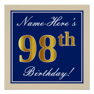 Elegant, Blue, Faux Gold 98th Birthday + Name Poster