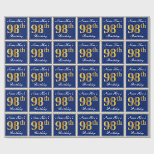Elegant, Blue, Faux Gold 98th Birthday + Name Wrapping Paper