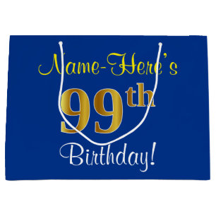 Elegant, Blue, Faux Gold 99th Birthday + Name Large Gift Bag