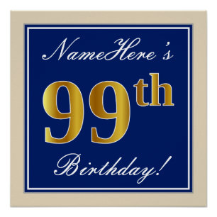 Elegant, Blue, Faux Gold 99th Birthday + Name Poster